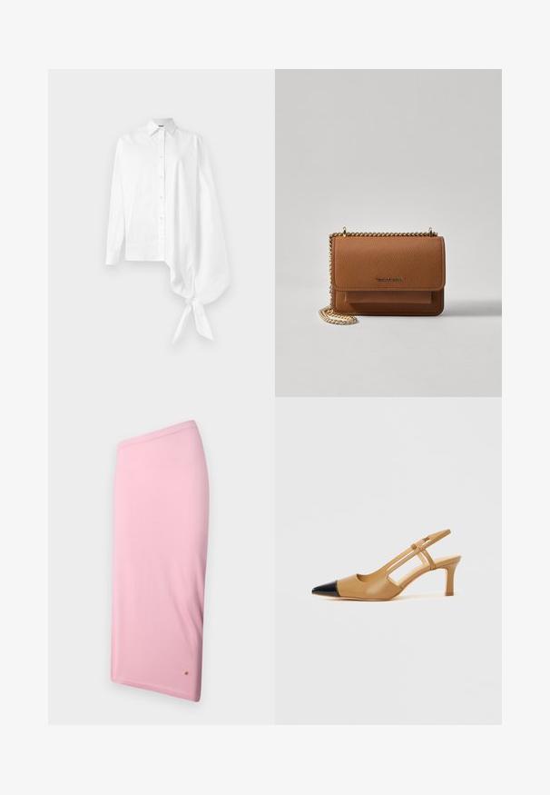 Bijela košulja dugih rukava s gumbima, s asimetričnom oversized rukavom koji je skupljen i vezan oko zapešća s desne strane.; Ružičasta suknja do koljena napravljena od glatkog materijala, s jednostavnim dizajnom, skrivenim pojasom i malim logotipom na rubu.; Ten bež slingback s crnim špicastim vrhom, s izrezanim stranama i blok petom srednje visine. Materijal od glatke kože.; Smeđa kožna torba preko tijela s teksturom, zlatnim lančićem i preklopom na zatvaranju. Na prednjoj strani nalazi se detalj s potpisom i džep ispod preklopa.