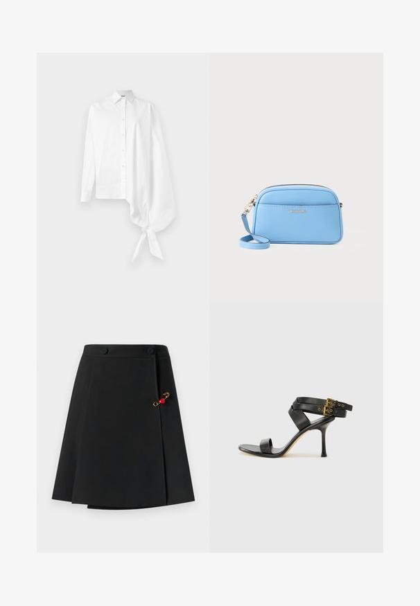 Valkoinen pitkähihaisella nappipaidalla, jossa on epäsymmetrinen ylisuuri kerrattu hiha, joka on sidottu ranteeseen oikealla puolella.; Mustapuku, jossa on levenevä muotoilu, ja edessä olevat kaksi nappia sekä kultainen yksityiskohta punaisella sydänkoristeella sivulla. Sujuva kangastuntuma.; Mustat korot kengät, joissa on ristikkäiset hihnat ja säädettävä solki. Ominaisuuksiin kuuluu sileä pinta ja kapeneva stilettokorko.; Vaaleansininen nahkainen crossbody-laukku, jossa on kultasävytetty metalliosat, vetoketjukiinnitys ja etutasku. Mukana säädettävä olkahihna käytännöllisyyden vuoksi.