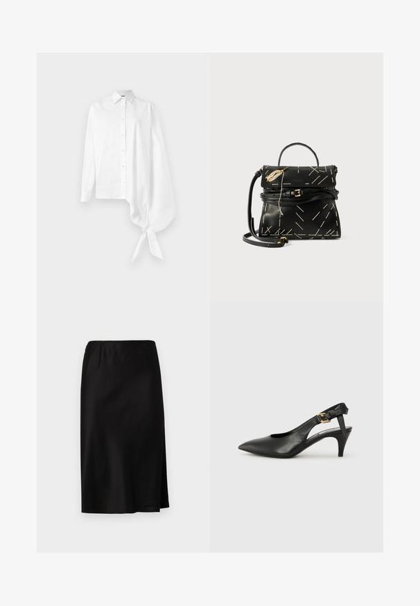 Fehér, hosszú ujjú gombos ing, aszimmetrikus, túlméretezett, ráncolt ujjal, amely a jobb oldalon a csuklónál van megkötve.; Fekete selyemszatén szoknya, rugalmas derékkal, oldalsó hasítékkal a szabad mozgás érdekében és sima, fényes textúrával.; Fekete bőr slingback szivattyú hegyes orral, kis sarokkal és csat részlettel a bokapánton. Simaság, minimalista dizájn.; Fekete bőr kézitáska geometriai fehér varrással, felső fogantyúval és levehető vállpánttal. Arany kiegészítők és cipzáras záródás jellemzi.