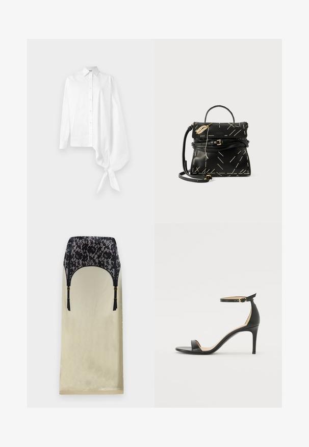 Bílá košile s dlouhým rukávem a knoflíky, s asymetrickým oversized rukávem staženým na zápěstí na pravé straně.; Krajkový body s černým květinovým krajkovým vrškem a béžovým saténovým spodkem, s nastavitelnými černými ramínky a třásňovými detaily. Klasická silueta.; Černá kožená sandálová bota na vysokém podpatku s páskem kolem kotníku. Vyznačuje se hladkým povrchem, otevřenou špičkou a tenkým podpatkem. Detail v zlatém tónu na sponě.; Černá kožená kabelka s geometrickým bílým prošíváním, horním držadlem a odnímatelným popruhem přes rameno. Vybavena zlatými akcenty a zipovým uzávěrem.