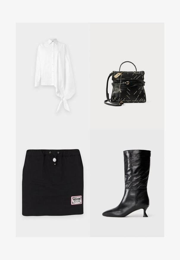 Bela dolga srajca sButtons s asimetrično oversized zbrano rokavom, vezanim na zapestju na desni strani.; Črna denimska krila z elastičnim pasom, srebrnim vrvico in rožnato Moschino Jeans logo oznako v spodnjem desnem kotu.; Črne usnjene škornje do sredine teleta s koničastim nosom, gubasto zgornjo teksturo in nizko ukrivljeno peto na navadni beli podlagi.; Črna usnjena torbica z geometrskim belim šivom, zgornjim ročajem in snemljivim naramnim trakom. Ima zlatne dodatke in zadrgo.