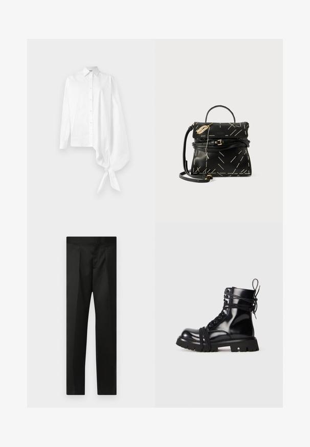 Cămașă albă cu mânecă lungă, cu nasturi, având o mânecă asimetrică supradimensionată, adunată și legată la încheietura mâinii pe partea dreaptă.; Pantaloni negri cu un material neted, design croit, picioare drepte și un talie plată fără închideri sau buzunare vizibile.; Botă din piele lăcuită neagră, cu o talpă masivă, vârf rotund și detalii cu șireturi. Are șireturi înfășurate și un tab de prindere la călcâi.; Geantă de mână din piele neagră, cu cusături albe geometrice, un mâner de sus și o curea de umăr detașabilă. Prezintă accente aurii și închidere cu fermoar.
