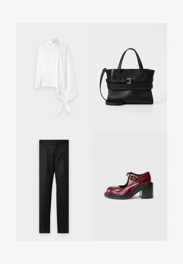 Balta garā piedurkne krekls ar pogu, ar asimetrisku pārspīlētu gathered piedurkni, kas sasieta ap plaukstu labajā pusē.; Melnas bikses ar gludu audumu, pielāgotu dizainu, taisnām kājām un platu jostu bez redzamām aizdaram vai kabatām.; Burgundijas krāsas ādas Mary Jane kurpes ar noapaļotu purngali, regulējamu sprādzi un masīlu melnu papēdi, ar gludu, spīdīgu tekstūru.; Melna ādas rokassoma ar strukturētu dizainu, divām augšējām rokturiem, noņemamu siksnu un zelta sprādzi, kas akcentē horizontālo joslu.