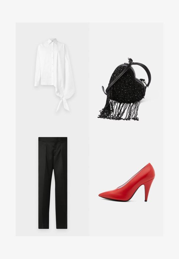 Balta garā piedurkne krekls ar pogu, ar asimetrisku pārspīlētu gathered piedurkni, kas sasieta ap plaukstu labajā pusē.; Melnas bikses ar gludu audumu, pielāgotu dizainu, taisnām kājām un platu jostu bez redzamām aizdaram vai kabatām.; Sarkans ādas augstpapēžu apavs ar norādītu pirkstu, plūstošu siluetu, gludu tekstūru un plānu melnu zoli. Stiletto papēža dizains.; Melnas sirds formas somiņa ar pērlēm dekorētu tekstūru, frizūru detaļām, gludu ādas rokturi un noņemamu plecu siksnu.