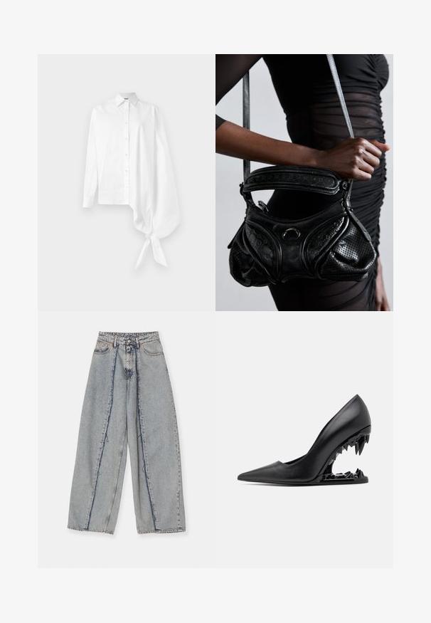White long-sleeve button-up shirt with an asymmetric oversized gathered sleeve tied at the wrist on the right side.; Light blue wide-leg jeans with frayed edges, a high waist, and contrasting seams. Made of denim, showcasing a relaxed fit and minimal distressing.; GCDS MORSO - High heels - nero; Black leather handbag with perforated texture, curved design, and a rounded handle. Accents include a shiny circular hardware piece.