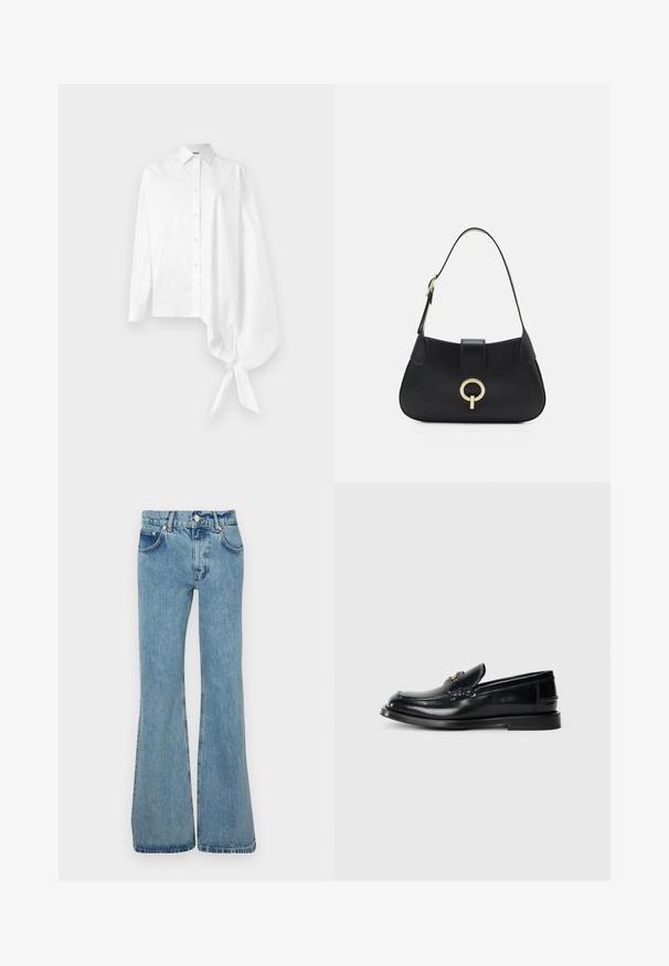 Bílá košile s dlouhým rukávem a knoflíky, s asymetrickým oversized rukávem staženým na zápěstí na pravé straně.; Světle modré rozšířené džíny vyrobené z denimu, s vysokým pasem, předními kapsami a roztrhanými lemy pro uvolněný střih.; Černé kožené mokasíny s prošívaným designem, malou přední chlopeň a plochou gumovou podrážkou. Hladký povrch s akcentem zlaté barvy.; Černá kožená kabelka s zakřiveným siluetou, krátkým popruhem, centrálním zlatým kováním a hladkým povrchem. Bez viditelných vzorů nebo akcentů.