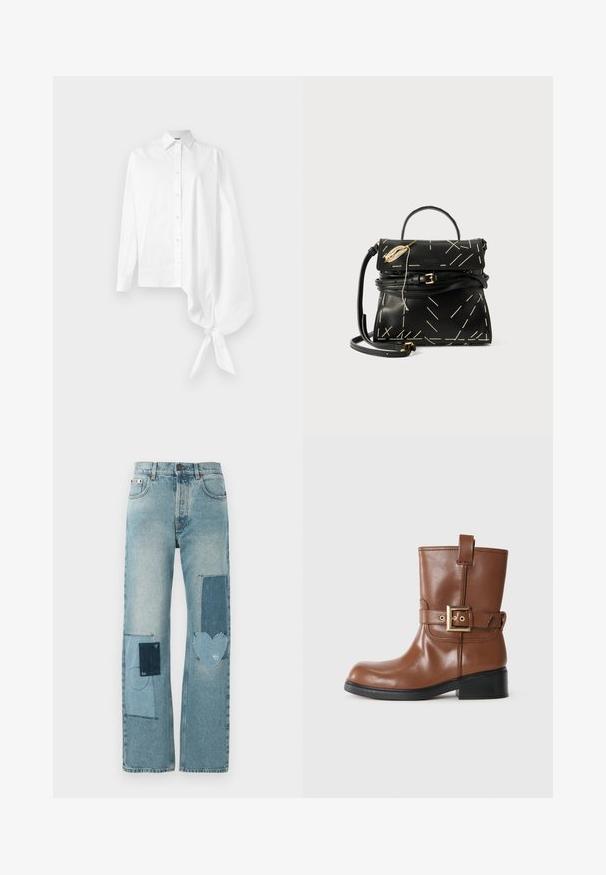 Fehér, hosszú ujjú gombos ing, aszimmetrikus, túlméretezett, ráncolt ujjal, amely a jobb oldalon a csuklónál van megkötve.; Világos mosású farmernadrág, egyenes szárú kialakítással. Több kontrasztos folttal rendelkezik, beleértve egy szív formát és rendszerezett varrási részleteket.; Barna bőr bokacsizma kerek orral, arany csattal a pánton és alacsony, texturált fekete sarokkal. Egyszerű és letisztult design.; Fekete bőr kézitáska geometriai fehér varrással, felső fogantyúval és levehető vállpánttal. Arany kiegészítők és cipzáras záródás jellemzi.
