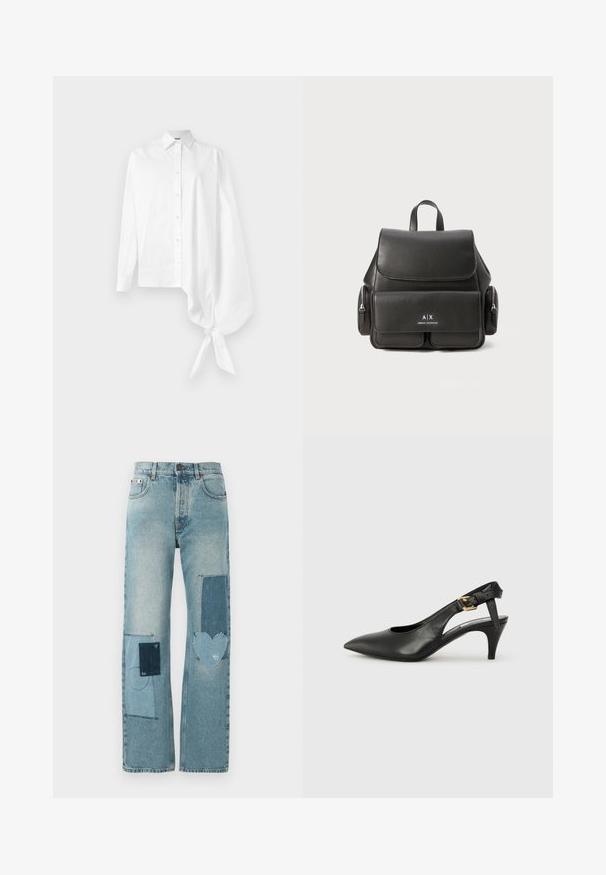 Biela dlhá košeľa s gombíkmi a asymetrickým prehnutým rukávom s prehnaním na pravej strane, zviazaná na zápästí.; Svetlé džínsy s rovnými nohavicami. Obsahujú viacero kontrastných záplat, vrátane tvaru srdca a systémových šiacich detailov.; Čierne kožené slingback lodičky s špicatou špičkou, malým opätkom a prackou na členkovom remienku. Hladká textura, minimalistický dizajn.; Čierny kožený batoh s klopou, prednou kapsou, bočnými zipsovými vreckami a hornou rukoväťou. Obsahuje detaily loga na prednej strane.