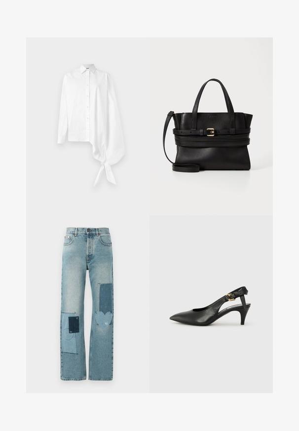 Biela dlhá košeľa s gombíkmi a asymetrickým prehnutým rukávom s prehnaním na pravej strane, zviazaná na zápästí.; Svetlé džínsy s rovnými nohavicami. Obsahujú viacero kontrastných záplat, vrátane tvaru srdca a systémových šiacich detailov.; Čierne kožené slingback lodičky s špicatou špičkou, malým opätkom a prackou na členkovom remienku. Hladká textura, minimalistický dizajn.; Čierna kožená kabelka so štruktúrovaným dizajnom, dvojitými hornými uchami, odnímateľným popruhom a zlatým prackovým akcentom na horizontálnej páske.