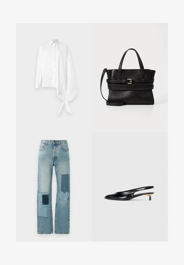 Valge pikakätiline nööpidega särk, millel on asümmeetriline, ülevõetud varrukas, sidunud paremal küljel randme ümber.; Heledudega teksapüksid sirge jala lõikega. Omavad mitmeid kontrastseid plaastreid, sealhulgas südamekujulist ning süsteemseid õmbluse detaili.; Mustad seljatoega mustad kontsakingad, millel on terav nina, läikiv nahkviimistlus ja väike kand kuldse detailiga. Sujuv disain avatud seljaprofiiliga.; Mustmust leatherist kott, millel on struktureeritud disain, kahekordne ülemine käepide, eemaldatav rihm ja kuldne pandlaaksent horisontaalsel ribal.