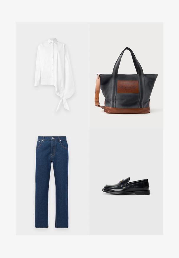 Bijela košulja dugih rukava s gumbima, s asimetričnom oversized rukavom koji je skupljen i vezan oko zapešća s desne strane.; Ravne tamnoplave traperice s prednjim i stražnjim džepovima, petljama za remen, kopčanjem na dugme i vidljivim narančastim šavovima.; Crni kožni loafers s izvezenim dizajnom, malim prednjim poklopcem i ravnim gumiranim potplatom. Glatka tekstura s akcentima od zlatnog tona.; Platnena torba u tamnosivoj boji s kaučukastim kožnim detaljima. Ima dvije ručke i prednju aplikaciju s utisnutim tekstom i dizajnom.