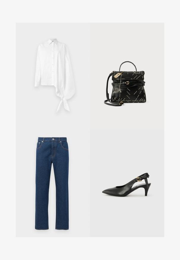 Bijela košulja dugih rukava s gumbima, s asimetričnom oversized rukavom koji je skupljen i vezan oko zapešća s desne strane.; Ravne tamnoplave traperice s prednjim i stražnjim džepovima, petljama za remen, kopčanjem na dugme i vidljivim narančastim šavovima.; Crna kožna slingback cipela s uskim prstom, malim potpeticom i kopčom na remenu oko članka. Glatka tekstura, minimalistički dizajn.; Crna kožna torba s geometrijskim bijelim šavovima, s gornjom drškom i odvojivom remenom za rame. Ima zlatne detalje i zatvaranje na patent zatvarač.