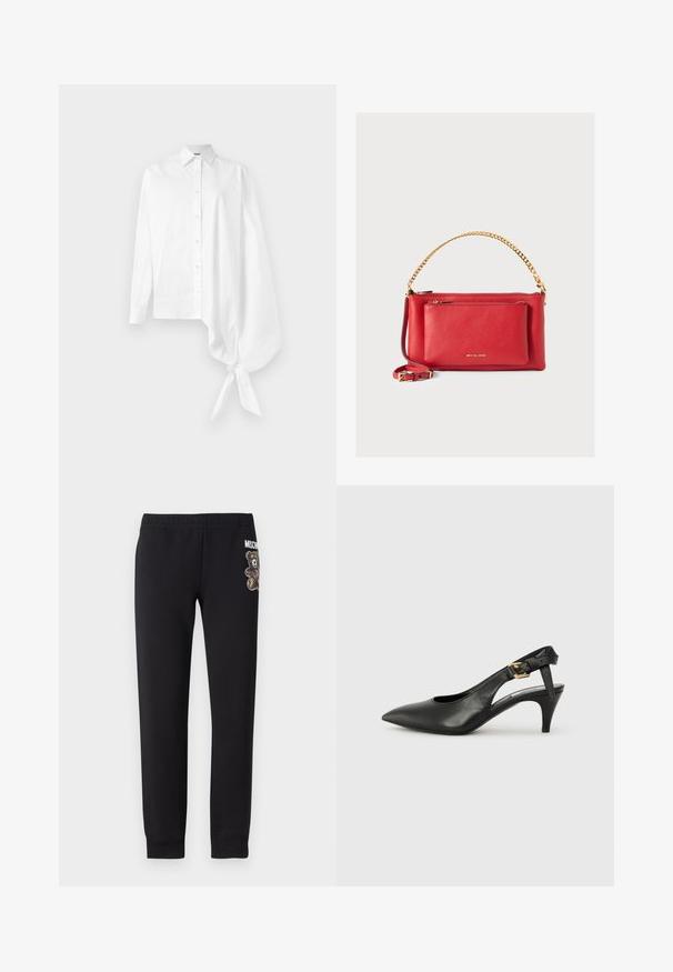Vit långärmad skjorta med knappar och en asymmetrisk oversized sammanknuten ärm vid handleden på höger sida.; Svarta sweatpants i mjukt tyg, med en björngrafik och text på vänster lår. Elastisk midja och smala mudd på benen.; Svart läder slingback pump med spetsig tå, liten klack och spänne detaljerad på vristremmen. Slät textur, minimalistisk design.; Röd läderhandväska med texturerad yta, guldkedja och rem, framficka med dragkedja och präglad logotyp. Kompakt och strukturerad design.