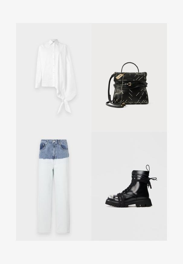 White long-sleeve button-up shirt with an asymmetric oversized gathered sleeve tied at the wrist on the right side.; Denim jeans with a blue top section fading into a lighter blue lower section. Features five pockets, a button closure, and straight leg design.; Black leather ankle boot with a metallic toe cap, thick rubber sole, and crisscrossed laces. Features a lace-up front and back pull tab.; Black leather handbag with geometric white stitching, a top handle, and a detachable shoulder strap. Features gold accents and a zip closure.