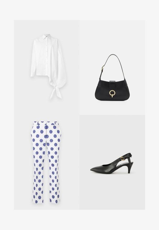 Witte lange mouw knoopshirt met een asymmetrische oversized geplooide mouw, vastgebonden bij de pols aan de rechterkant.; Witte broek met grote blauwe stippen, met een vlakke voorkant, twee zijzakken en een recht model. Gladde stoftextuur.; Zwarte leren slingback pump met een puntige neus, kleine hak en een gesp detail op de enkelband. Glad textuur, minimalistisch ontwerp.; Zwarte leren handtas met een gebogen silhoutte, korte schouderband, centrale goudkleurige hardware en een gladde textuur. Geen zichtbare patronen of accenten.