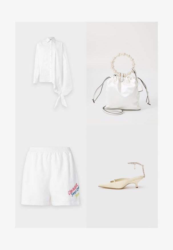 Vit långärmad skjorta med knappar och en asymmetrisk oversized sammanknuten ärm vid handleden på höger sida.; Dsquared2 BAGGY - Shorts - white; Gräddfärgad spetsig slingback-hæl med tunn framrem och prydd ankelrem på vit bakgrund.; Vit satinsnörsöverdrag med ett pärlprytt, cirkulärt handtag, läderdetaljer och ett avtagbart rem för mångsidighet.