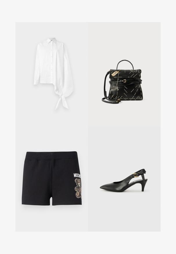 White long-sleeve button-up shirt with an asymmetric oversized gathered sleeve tied at the wrist on the right side.; Black cotton shorts with a soft texture, featuring a teddy bear graphic and the word "Moschino" in white on the side.; Black leather slingback pump with a pointed toe, small heel, and a buckle detail on the ankle strap. Smooth texture, minimalist design.; Black leather handbag with geometric white stitching, a top handle, and a detachable shoulder strap. Features gold accents and a zip closure.