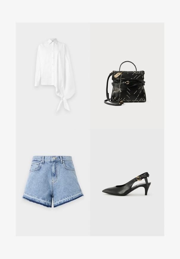Valkoinen pitkähihaisella nappipaidalla, jossa on epäsymmetrinen ylisuuri kerrattu hiha, joka on sidottu ranteeseen oikealla puolella.; MOSCHINO JEANS Farkkushortsit - multi light blue; Musta nahka slingback-korkokenkä, jossa on teräväkärkinen muoto, pieni korko ja solk yksityiskohta nilkkahihnassa. Tasainen pinta, minimalistinen muotoilu.; Musta nahkainen käsilaukku, jossa on geometrinen valkoinen ompelu, yläkahva ja irrotettava olkahihna. Korostaa kultaisia yksityiskohtia ja vetoketjukiinnikettä.