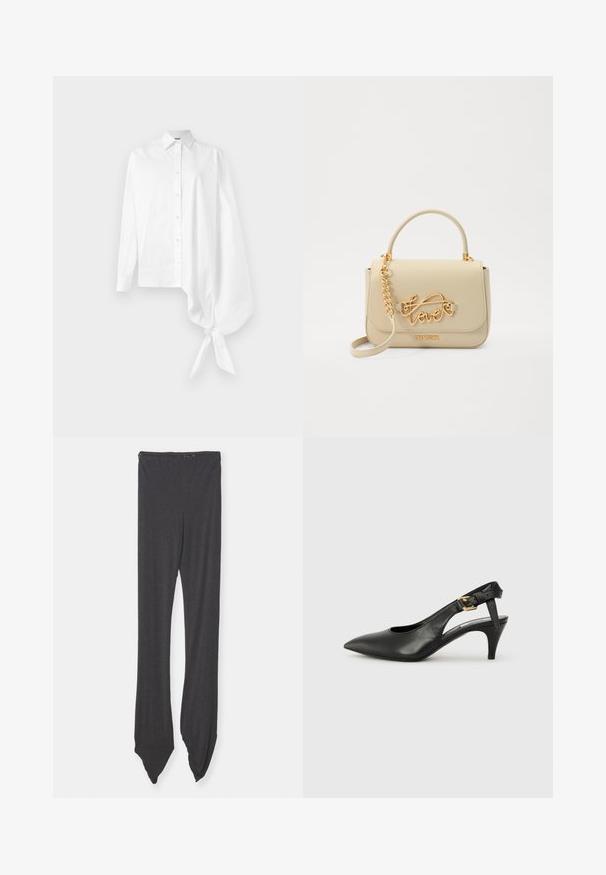 Chemise blanche à manches longues et à boutons, avec une manche oversized asymétrique et froncée nouée au poignet du côté droit.; Leggings gris foncé en tissu doux, dotés d'une large ceinture et d'extrémités effilées. Le design est lisse sans motifs.; Chaussure à talon slingback en cuir noir avec un bout pointu, un petit talon et un détail de boucle sur la bride de cheville. Texture lisse, design minimaliste.; Sac à main en simili cuir beige avec une poignée supérieure et une bandoulière en chaîne. Présente un logo "love" doré et des accents métalliques. Texture lisse et forme rectangulaire.