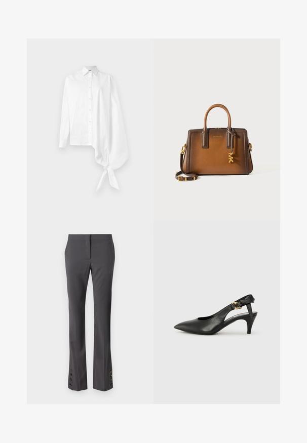 White long-sleeve button-up shirt with an asymmetric oversized gathered sleeve tied at the wrist on the right side.; Gray tailored trousers with a straight fit, button accents at the hem, and a smooth texture. Featuring a flat front and side pockets.; Black leather slingback pump with a pointed toe, small heel, and a buckle detail on the ankle strap. Smooth texture, minimalist design.; Brown leather handbag featuring dual top handles, a detachable shoulder strap, gold hardware, and a decorative charm with the letters "MK."