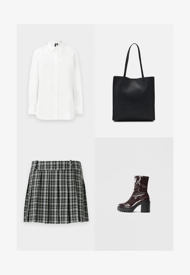 Hvit langermet skjorte med knappåpning foran, enkelt brystlomme, klassisk krage og en noe forlengt fasong. Glatt tekstur.; Svart og hvit rutete plisséskjørt med en jevn midje og flere vertikale folder. Laget av lettvektig stoff.; Glinsende burgunder ankelstøvel med en kraftig svart hæl, med en glatt tekstur og enkelt design. Ingen synlige lukkinger eller mønstre.; Svart lær tote bag med glatt tekstur, rektangulær form og to lange håndtak. Ingen synlige deler eller dekorasjoner.