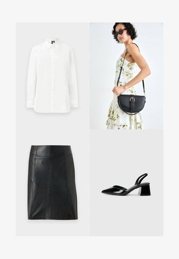 Cămașă albă cu mâneci lungi, cu închidere cu nasturi, buzunar pe piept, guler clasic și o croială ușor alungită. Textură netedă.; Fustă neagră din piele, cu un design ajustat. Textură netedă, cusături care conturează forma și un tiv drept. Aspect minimalist și elegant.; Pantofi cu toc slingback din piele lacuită neagră, cu vârf ascuțit și toc geometric. Prezintă un design elegant, minimalist și o textură netedă.; Geantă din piele neagră, cu o formă curbată, curea detașabilă și accesorii aurii. Geanta are un capac cu un detaliu tip cataramă.