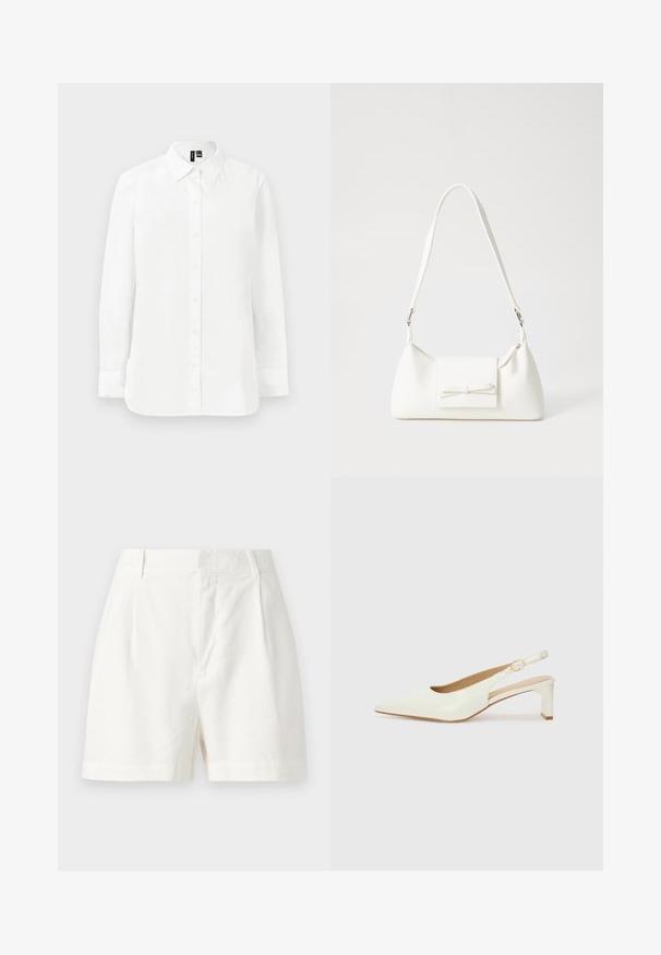 Chemise blanche à manches longues avec une fermeture à boutons, poche poitrine unique, col classique et une coupe légèrement allongée. Texture lisse.; Shorts en lin blanc présentant une coupe ajustée, des plis avant et une texture lisse. Le design comprend une taille mi-haute et des poches latérales.; Escarpin en cuir verni blanc, à bout pointu et à petit talon bloc. Comprend une fine sangle avec un détail de boucle dorée.; Sac à main synthétique blanc en forme triangulaire, avec un rabat avant plat et un détail en nœud, une bandoulière ajustable, une texture lisse et un design minimaliste.