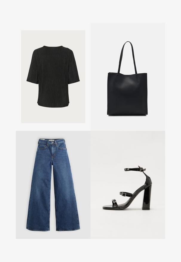 Černý top s krátkými rukávy, který se vyznačuje zvrásněnou strukturou, kulatým výstřihem a volným střihem. Zadní strana je jednoduchá s jemným detailem.; Široké modré džíny z denimu s pěti kapsami, zapínáním na knoflík a kontrastním prošíváním, které mají měkký a texturovaný povrch.; Černé lakované sandály na vysokém podpatku se dvěma pásky se sponami, čtvercovou špičkou a robustním blokovým podpatkem, s hladkou, lesklou texturou.; Černá kožená taška přes rameno s hladkým povrchem, obdélníkovým tvarem a dvěma dlouhými uchy. Žádné viditelné kování ani ozdoby.