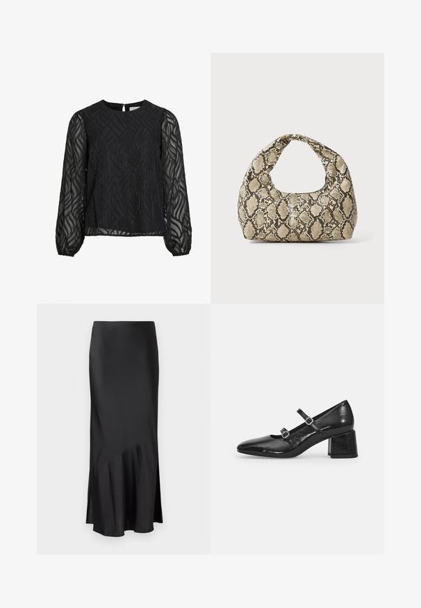 Fekete blúz hosszú áttetsző ujakkal, textúrált levélmintával, kerek nyakkivágással és kis hátsó gombolással.; Fekete selymes midi szoknya letisztult dizájnnal, enyhe szegéllyel és oldalsó hasítékkal a könnyű mozgásért. Simító textúra.; Fekete lakkbőr Mary Jane cipők, hegyes orral, két állítható pánttal és vastag blokk sarkúval. Sima textúrájú és fényes felületűek.; Kígyómintás kézitáska ívelt fogantyúval. Texturált, bézs és barna anyagból készült, jellegzetes gyémántmintával.