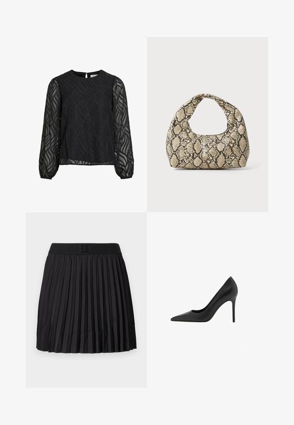 Schwarze Bluse mit langen durchsichtigen Ärmeln, strukturiertem Blättermuster, rundem Halsausschnitt und einem kleinen Schlitz mit Knopfverschluss auf der Rückseite.; Schwarzer gefälteter Rock mit glatter Textur, ausgestattet mit einem einfarbigen schwarzen Bund und einem eingeprägten Logodetail auf der Vorderseite.; Mango Pumps - black; Schlangenmuster-Tasche mit einem gebogenen Griff. Hergestellt aus strukturierten, beige- und braunfarbenen Materialien, die ein markantes Diamantmuster aufweisen.