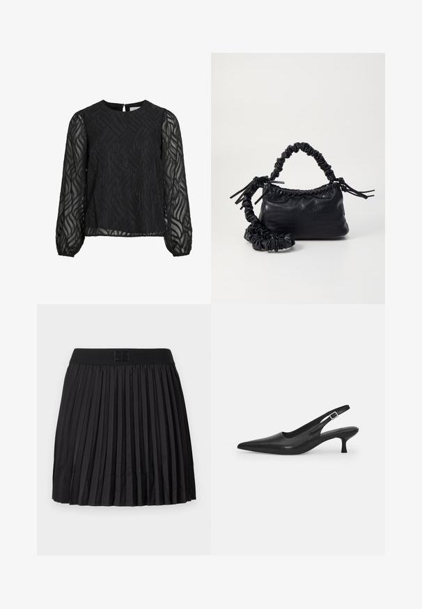 Black blouse featuring long sheer sleeves, textured leaf pattern, round neckline, and a small back keyhole clasp.; Black pleated skirt with a smooth texture, featuring a solid black waistband and an embossed logo detail at the front.; Black leather slingback shoe with a pointed toe and a slim, curved heel. Features a discrete adjustable strap with a metal buckle.; Black faux leather handbag with a crocodile texture, cinched top, and a scrunched strap. Appears soft and compact in design.