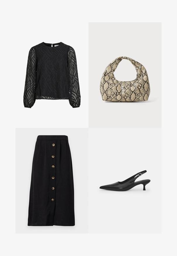 Mustmust, millel on pikad läbipaistvad varrukad, tekstuuriga lehe muster, ümmargune kaelus ja väike tagumine võtmeauk.; Musternit must särk musta midi seeliku, millel on tekstuuriga kangas, esiööga, kus on viis pronksist nuppu ja sirge lõige.; Mustmustast musta nahast slingback king, millel on terav varvas ja kitsas, kumer konts. Omab diskreetset reguleeritavat rihma metallist pandlaga.; Musta käärmeprindiga kott kõveraga käepidemega. Valmistatud tekstiilsetest, beežidest ja pruunidest materjalidest, millel on iseloomulik rombikujuline muster.