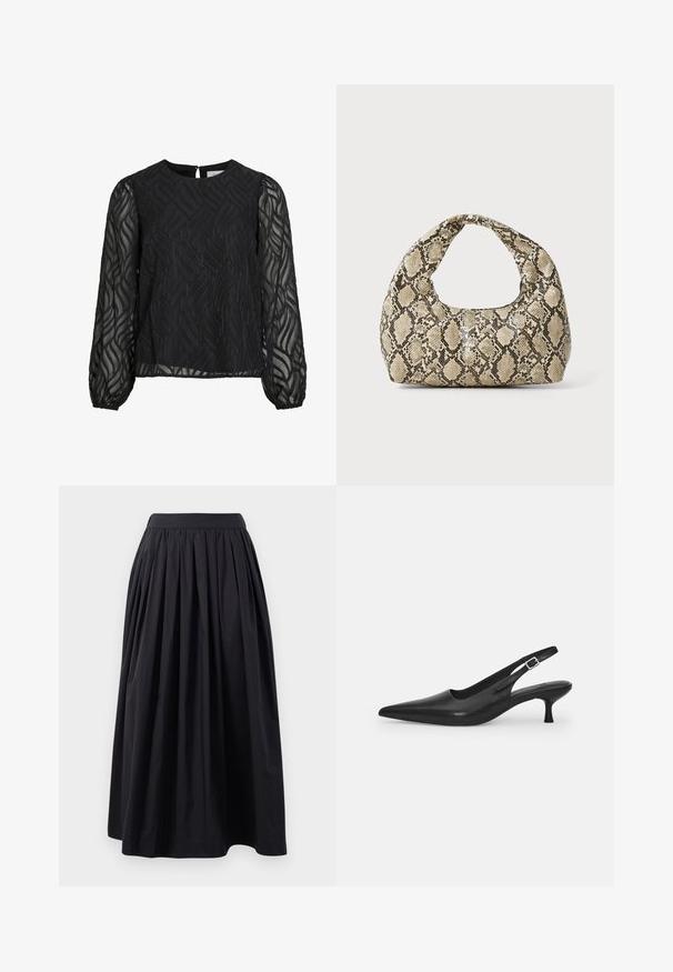 Mustmust, millel on pikad läbipaistvad varrukad, tekstuuriga lehe muster, ümmargune kaelus ja väike tagumine võtmeauk.; Must mustre, põlvepikkune seelik, mis on valmistatud kergest kangast, laia, kokku volditud vöökoha ja volditud disainiga, pakkudes täis siluetti.; Mustmustast musta nahast slingback king, millel on terav varvas ja kitsas, kumer konts. Omab diskreetset reguleeritavat rihma metallist pandlaga.; Musta käärmeprindiga kott kõveraga käepidemega. Valmistatud tekstiilsetest, beežidest ja pruunidest materjalidest, millel on iseloomulik rombikujuline muster.