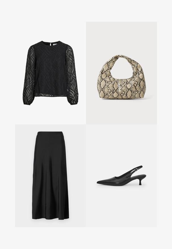 Blusa nera con maniche lunghe in trasparente, motivo a foglia testurizzato, scollo rotondo e piccolo gancio a chiave sul retro.; GAP PULL ON SKIRT - Gonna lunga - black; Scarpa slingback nera in pelle con punta affusolata e tacco sottile e curvato. Presenta una discreta fascia regolabile con una fibbia in metallo.; Borsa a stampa rettile con manico curvo. Realizzata in materiali testurizzati beige e marroni, presenta un distintivo motivo a rombi.