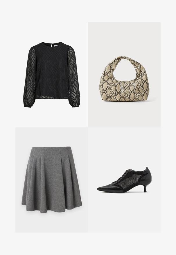 Svart bluse med lange gjennomsiktige ermer, teksturert bladmønster, rund halslinning og en liten nøkkelhullsklaff bak.; Grå plisseret nederdel lavet af blødt stof, med en tætsiddende talje og en udsvinget silhuet, med en glat tekstur og pæne afslutninger.; Svart spiss tå-sko med meshpaneldesign, med lav hæl og snøring foran. Laget av en kombinasjon av lær og meshmateriale.; Veske med slangeskinnmønster og krummet håndtak. Laget av teksturerte, beige og brune materialer, med et særegent diamantmønster.