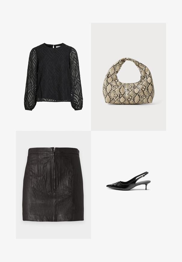 Crna bluza s dugim prozirnim rukavima, teksturiranim uzorkom lišća, okruglim izrezom i malim dugmadi na leđima.; Crna kožna mini suknja s prednjim zatvaračem i suptilnim vertikalnim šavovima na jednobojnoj pozadini.; Crne kožne sandale na petu s ikkrenim nosom, malom kitten petom i dekorativnom mašnom sprijeda. Glatka tekstura svuda.; Torba s uzorkom zmije s zakrivljenom drškom. Izrađena od teksturiranih materijala u bež i smešnim tonovima, sa karakterističnim dijamantnim uzorkom.