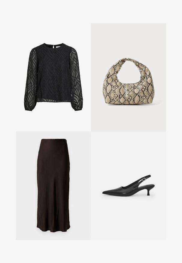 Blusa negra con mangas largas translúcidas, patrón texturizado de hojas, escote redondo y un pequeño cierre en forma de ojo de cerradura en la parte posterior.; Falda negra de longitud media, hecha de un tejido suave y ligero, con forma recta y una abertura lateral. Presenta una cinturilla sencilla.; Zapato negro de piel tipo slingback con punta afilada y un tacón delgado y curvado. Presenta una correa ajustable discreta con una hebilla de metal.; Bolso de mano con estampado de serpiente y asa curvada. Hecho de materiales texturizados en tonos beige y marrón, con un patrónen diamante distintivo.