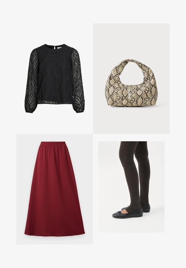 Black blouse featuring long sheer sleeves, textured leaf pattern, round neckline, and a small back keyhole clasp.; Burgundy maxi skirt with an elasticated waistband, featuring a smooth, flowing fabric and a simple, unadorned design.; Black flat shoes with a small bow detail at the toe, paired with dark brown ribbed tights. Shoes have a smooth texture and low profile.; Snake-print handbag with a curved handle. Made from textured, beige and brown materials, featuring a distinctive diamond pattern.