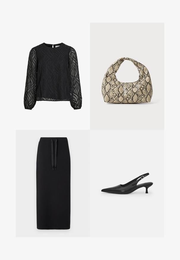 Fekete blúz hosszú áttetsző ujakkal, textúrált levélmintával, kerek nyakkivágással és kis hátsó gombolással.; Fekete midi szoknya puha anyagból, húzózsinórral ellátott derékrésszel. Egyszerű dizájn, egyenes vonalvezetés, további minták nélkül.; Fekete bőr szandálcipő hegyes orral és karcsú, ívelt sarokkal. Diszkrét, állítható pánttal rendelkezik, fém csattal.; Kígyómintás kézitáska ívelt fogantyúval. Texturált, bézs és barna anyagból készült, jellegzetes gyémántmintával.