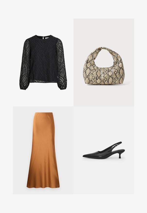Blouse noire à manches longues transparentes, avec un motif de feuilles texturé, un col rond et une petite attache en forme de clé au dos.; Jupe maxi en satin marron avec une taille cintrée et un bas évasé. Texture lisse avec une couleur unie, sans motifs ni matériel visible.; Chaussure slingback en cuir noir avec un bout pointu et un talon fin et incurvé. Dispose d'une sangle ajustable discrète avec une boucle en métal.; Sac à main en motif serpent avec une poignée incurvée. Fabriqué à partir de matériaux texturés beiges et bruns, présentant un motif en diamant distinctif.