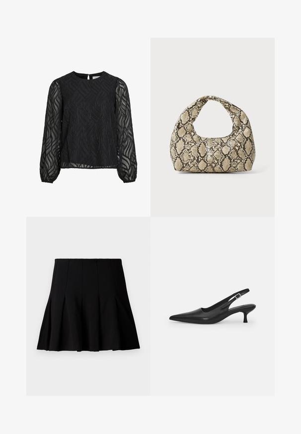 Čierna blúzka s dlhými priesvitnými rukávmi, textúrovaným listovým vzorom, okrúhlym výstrihom a malým očkem na zapínanie na chrbte.; Čierna krátka plisovaná sukňa vyrobená z hladkej látky. Má elastický pás a rozšírený strih, ktorý siaha do polovice stehna.; Čierne kožené sandále s úzkym špičatým prstom a štíhlym zakriveným podpätkom. Majú diskrétny nastaviteľný popruh s kovovou sponou.; Kabelka s hadím vzorom a zakriveným rukoväťou. Vyrobená z textúrovaných béžových a hnedých materiálov, s charakteristickým diamantovým vzorom.