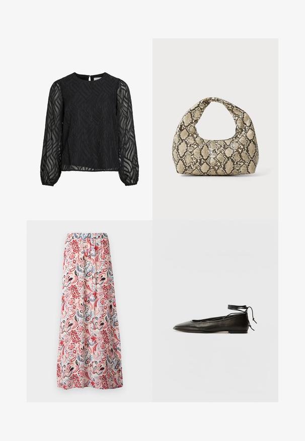 Melna blūze ar garām caurspīdīgām piedurknēm, teksturētu lapu rakstu, apļa izgriezumu un mazu atslēgu caurumu aizmugurē.; Ziedu maksi svārki, elastīga jostasvieta, ar daudzkrāsainu paisley rakstu, kurā ir sarkanas, zilas un melnas akcenti uz gaismas fona.; Melnas ādas baleta kurpes ar smailu purngalu, potītes saitēm un plakanu zoli, kas izceļas ar gludu tekstūru un minimālistisku dizainu.; Čūsku raksta soma ar izliekto rokturi. Izgatavota no teksturētiem, bēšiem un brūniem materiāliem, ar izteiksmīgu dimanta rakstu.