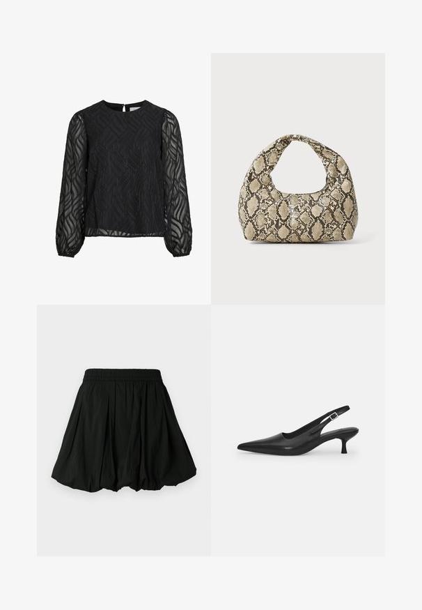 Musta paita, jossa on pitkät läpinäkyvät hihat, teksturoitu lehtikuvio, pyöreä pääntie ja pieni avoventtiili takana.; Musta hame, jossa on joustava vyötärö, ja siinä on pleatattu muotoilu. Materiaali vaikuttaa kevyeltä ja sileältä.; Mustan nahkainen slingback-kengät, joissa on terävä nenä ja kapea, kaareva korko. Varustettu huomaamattomalla säädettävällä hihnalla, jossa on metallinen solki.; Käärmeennahkakuosiset käsilaukku, jossa on kaareva kahva. Tehty teksturoiduista beigeistä ja ruskeista materiaaleista, joissa on erottuva timanttikuvio.