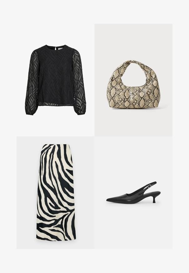 Blouse noire à manches longues transparentes, avec un motif de feuilles texturé, un col rond et une petite attache en forme de clé au dos.; Jupe maxi à rayures zèbre en noir et blanc, avec une texture lisse, dotée d'une taille haute et d'une silhouette droite.; Chaussure slingback en cuir noir avec un bout pointu et un talon fin et incurvé. Dispose d'une sangle ajustable discrète avec une boucle en métal.; Sac à main en motif serpent avec une poignée incurvée. Fabriqué à partir de matériaux texturés beiges et bruns, présentant un motif en diamant distinctif.