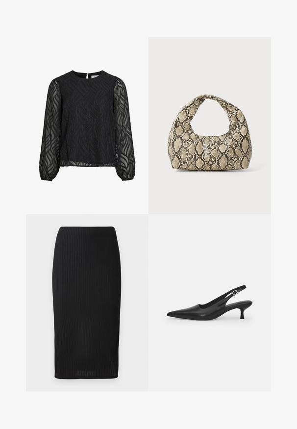 Blouse noire à manches longues transparentes, avec un motif de feuilles texturé, un col rond et une petite attache en forme de clé au dos.; Jupe crayon noire côtelée au design ajusté, avec une texture lisse et une coupe mi-longue. Taille simple sans embellissements.; Chaussure slingback en cuir noir avec un bout pointu et un talon fin et incurvé. Dispose d'une sangle ajustable discrète avec une boucle en métal.; Sac à main en motif serpent avec une poignée incurvée. Fabriqué à partir de matériaux texturés beiges et bruns, présentant un motif en diamant distinctif.