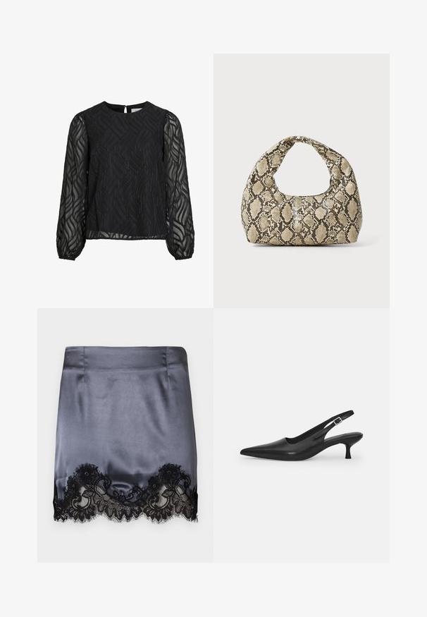 Čierna blúzka s dlhými priesvitnými rukávmi, textúrovaným listovým vzorom, okrúhlym výstrihom a malým očkem na zapínanie na chrbte.; Sivé saténové mini sukňa s čiernou čipkovou lemovkou na spodnom okraji s kvetinovými vzormi. Hladká textúra, priliehavý dizajn a čisté švy.; Čierne kožené sandále s úzkym špičatým prstom a štíhlym zakriveným podpätkom. Majú diskrétny nastaviteľný popruh s kovovou sponou.; Kabelka s hadím vzorom a zakriveným rukoväťou. Vyrobená z textúrovaných béžových a hnedých materiálov, s charakteristickým diamantovým vzorom.