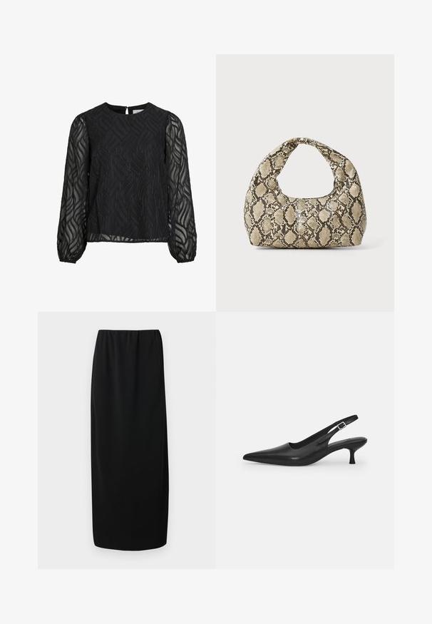 Černá blůza se dlouhými průsvitnými rukávy, texturovaným listovým vzorem, kulatým výstřihem a malým klíčovým otvorem na zadní straně.; Černá midi sukně s elastickým pasem. Vyrobena z hladké látky, má rovný střih a neobsahuje žádné další vzory ani ozdoby.; Černá kožená nazouvací bota se špičatou špičkou a štíhlým zakřiveným podpatkem. Obsahuje diskrétní nastavitelný pásek s kovovou sponou.; Kabelka s hadím vzorem a zakřiveným držadlem. Vyrobena z texturovaných béžových a hnědých materiálů, s charakteristickým diamantovým vzorem.