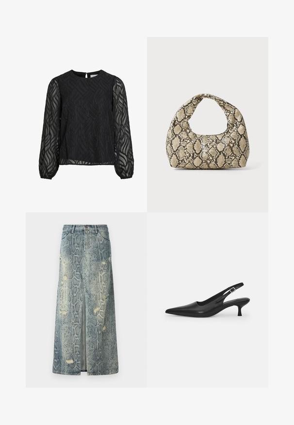 Blusa nera con maniche lunghe in trasparente, motivo a foglia testurizzato, scollo rotondo e piccolo gancio a chiave sul retro.; Gonna di jeans con stampa a serpente blu e grigio, con uno spacco alto, dettagli strappati e passanti per cintura standard in vita.; Scarpa slingback nera in pelle con punta affusolata e tacco sottile e curvato. Presenta una discreta fascia regolabile con una fibbia in metallo.; Borsa a stampa rettile con manico curvo. Realizzata in materiali testurizzati beige e marroni, presenta un distintivo motivo a rombi.