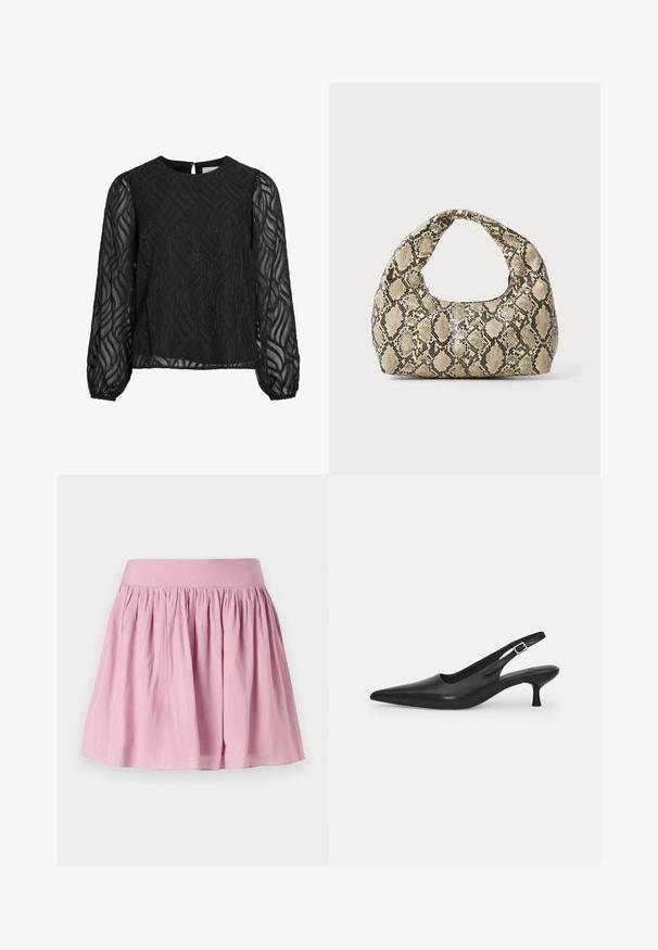 Blouse noire à manches longues transparentes, avec un motif de feuilles texturé, un col rond et une petite attache en forme de clé au dos.; Jupe évasée rose clair avec une taille élastique et un tissu froncé, caractérisée par une texture lisse et une coupe au genou. Pas de motifs ni d'accents.; Chaussure slingback en cuir noir avec un bout pointu et un talon fin et incurvé. Dispose d'une sangle ajustable discrète avec une boucle en métal.; Sac à main en motif serpent avec une poignée incurvée. Fabriqué à partir de matériaux texturés beiges et bruns, présentant un motif en diamant distinctif.