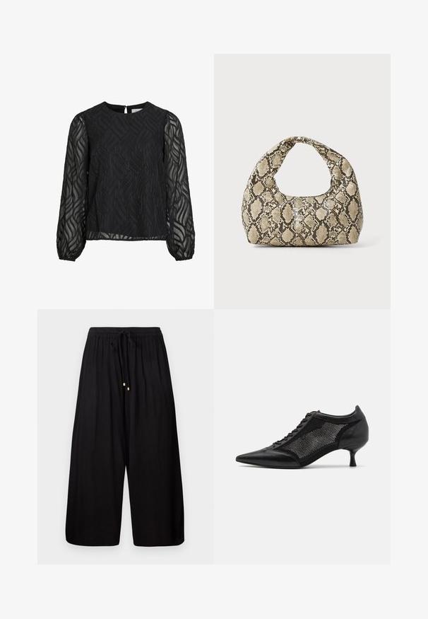 Blusa nera con maniche lunghe in trasparente, motivo a foglia testurizzato, scollo rotondo e piccolo gancio a chiave sul retro.; Pantaloni a gamba larga neri realizzati in un tessuto texturizzato. Presentano un elastico in vita con cordoncino e dettagli in tono oro alle estremità.; Scarpa nera a punta con un design a pannello di rete, dotata di un tacco basso e lacci frontali. Realizzata in una combinazione di pelle e materiale a rete.; Borsa a stampa rettile con manico curvo. Realizzata in materiali testurizzati beige e marroni, presenta un distintivo motivo a rombi.